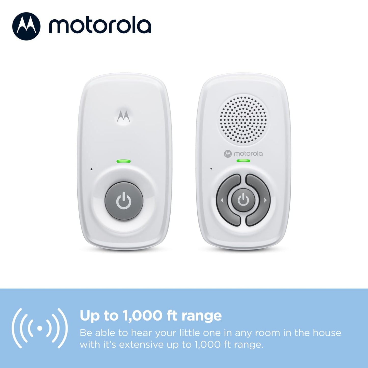 Motorola Nursery AM21/MBP21 digital baby monitor with white casing, high sensitivity microphone, and 300-meter range for audio monitoring.