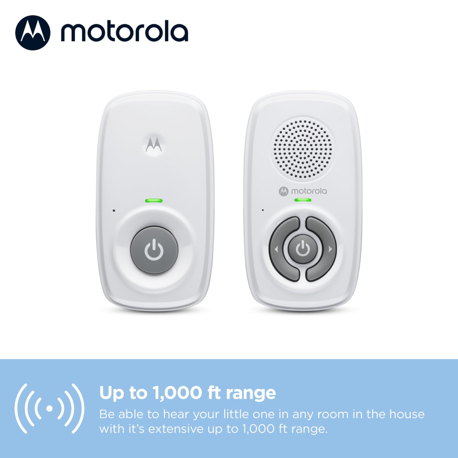 Motorola Nursery AM21/MBP21 digital baby monitor with white casing, high sensitivity microphone, and 300-meter range for audio monitoring.