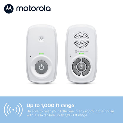 Motorola Nursery AM21/MBP21 digital baby monitor with white casing, high sensitivity microphone, and 300-meter range for audio monitoring.