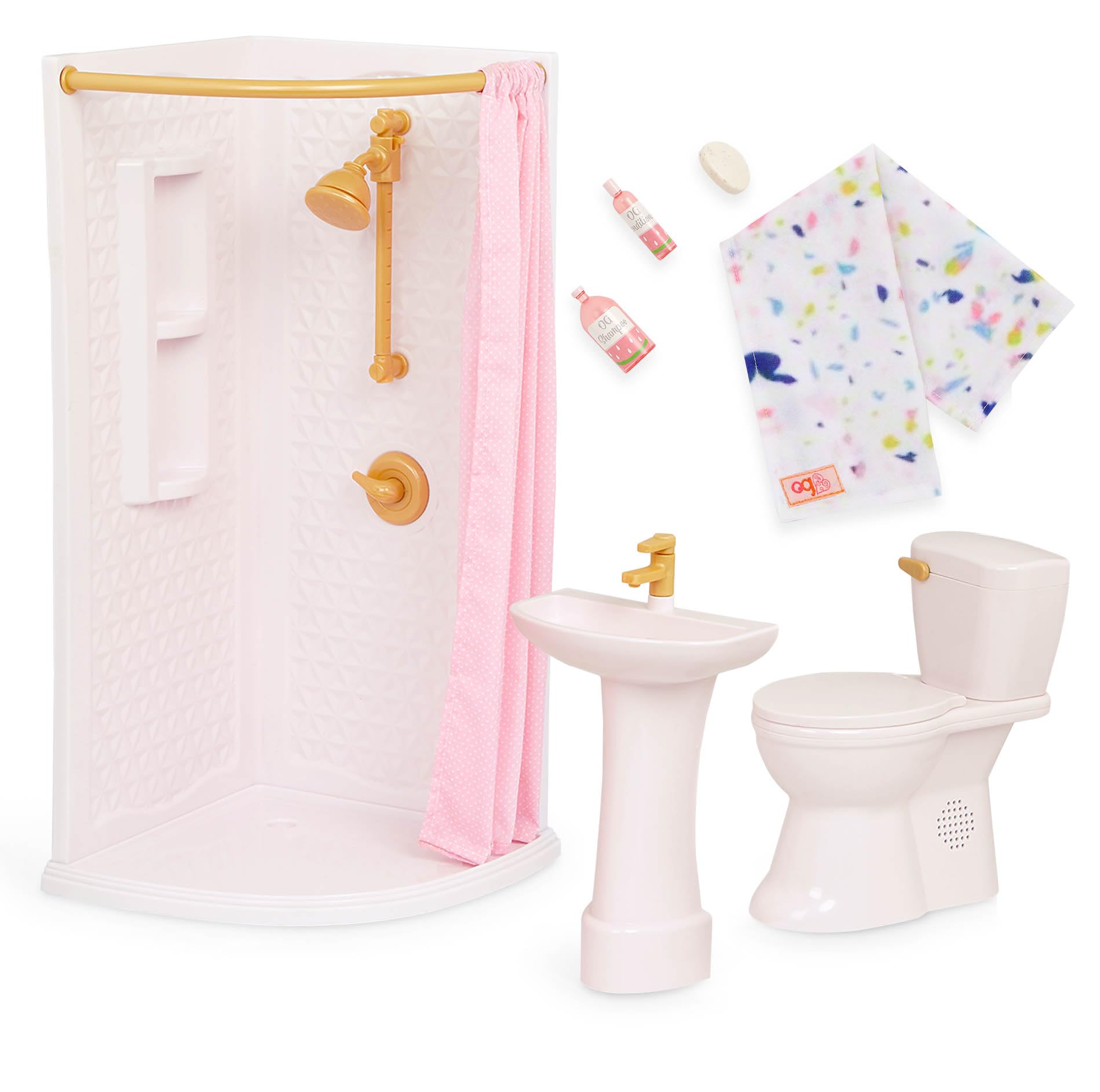 Our Generation 7-piece dollhouse bathroom set with modern accessories for 18-inch girl dolls displayed on a bright background.