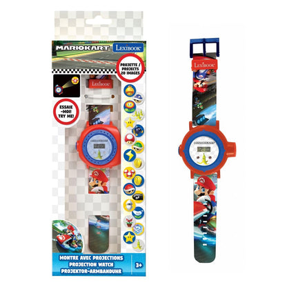 LEXIBOOK Nintendo Mario Kart adjustable projection watch featuring digital screen with Mario Kart images in red and blue for children