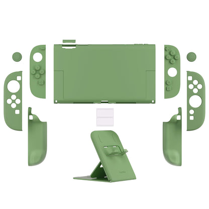 playvital solid green Nintendo Switch 2 protective case with hard shell, foldable stand, thumb grips, and anti-scratch design.