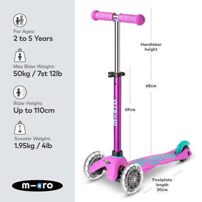 Micro Scooters | Mini Micro Deluxe LED Children's Scooter | Extra Grippy Deck | Weather Tested Stem | Remove & Fold Handlebar | Light Up Wheels | 2-5yrs | Boys & Girls | Lavender