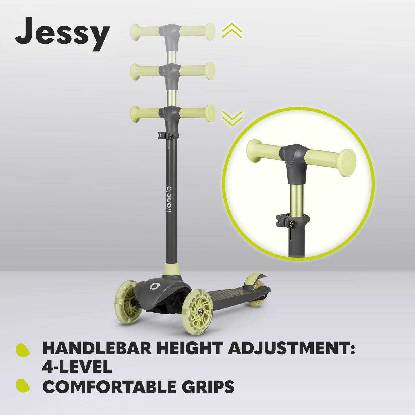 LIONELO JESSY kids scooter with LED light-up wheels, adjustable height, and non-slip platform for ages 3-5.