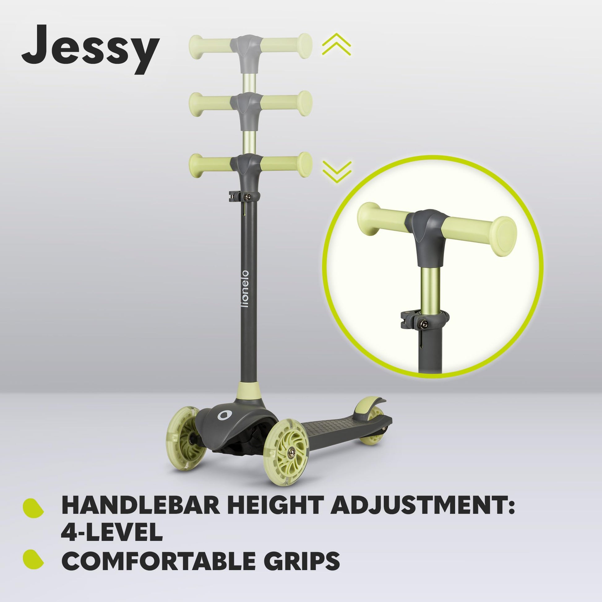 LIONELO JESSY kids scooter with LED light-up wheels, adjustable height, and non-slip platform for ages 3-5.
