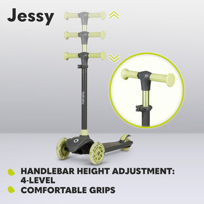 LIONELO JESSY kids scooter with LED light-up wheels, adjustable height, and non-slip platform for ages 3-5.
