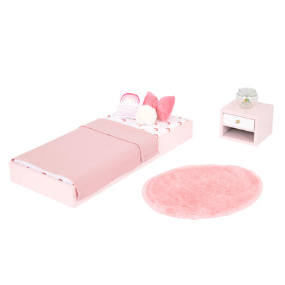 Our Generation OG Sweet Snuggles Bedroom Set with 10 pieces of dollhouse furniture for 18-inch dolls in a cozy bedroom scene.