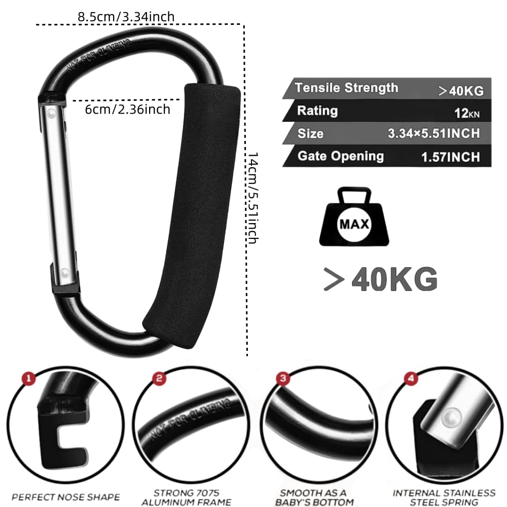 Two black heavy-duty aluminum buggy clips with carabiners for attaching bags to strollers and prams, ideal as pushchair accessories.