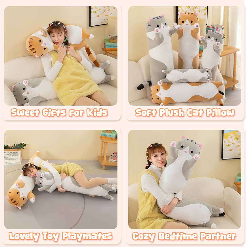Long Cat Plush Pillow, Cute Stuffed Animal Kitten Soft Huggable Toy for Kids and Adults, 1pcs, 50cm/Grey