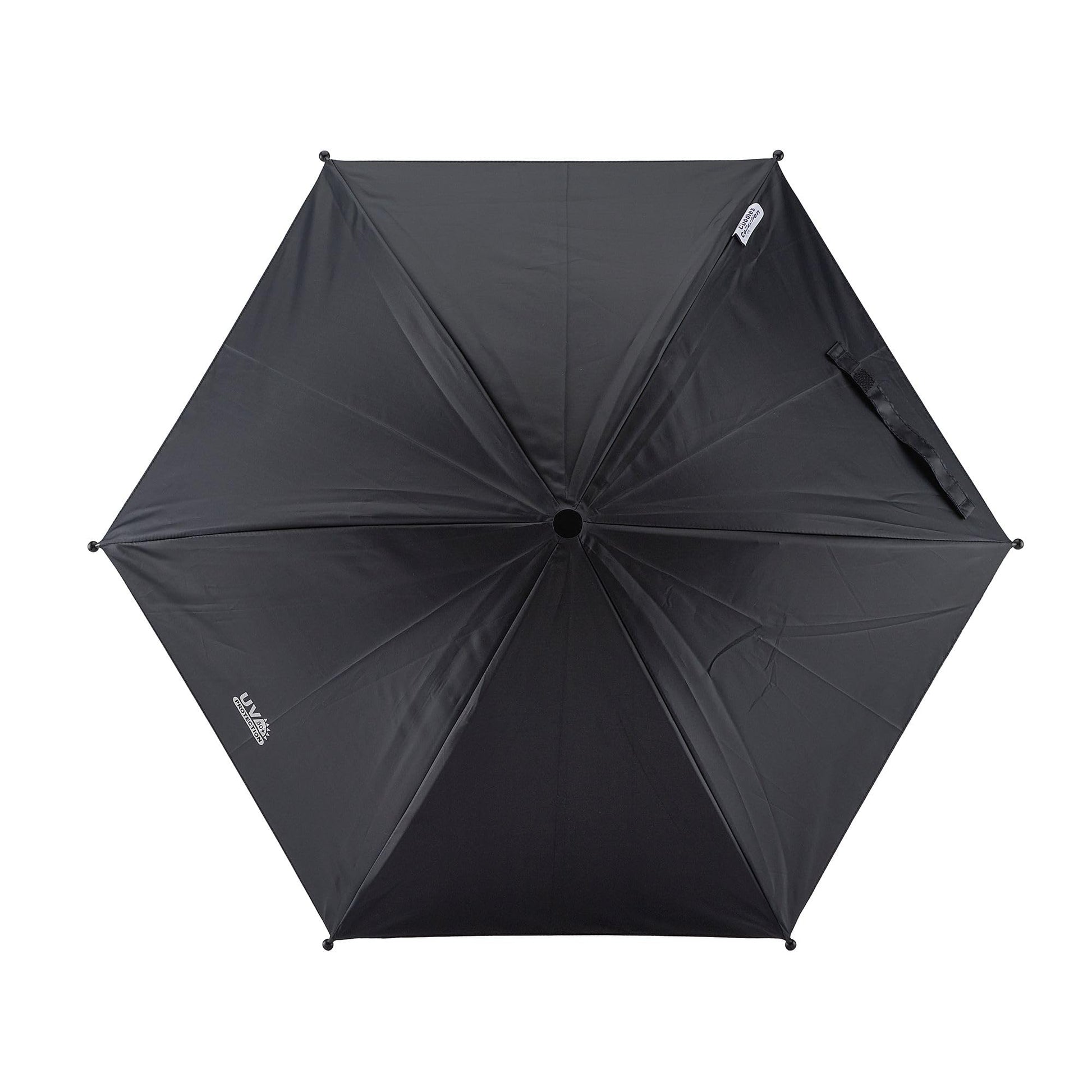 Black Cuddles Collection baby parasol umbrella with UV protection, fits pram, stroller, pushchair, and buggy for sun protection.