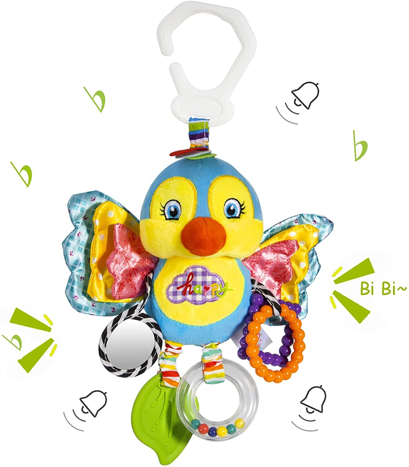 Funsland plush pram toy with hanging rattle, clip-on sensory toy for babies 0-12 months, suitable for car seats, strollers, and cribs.