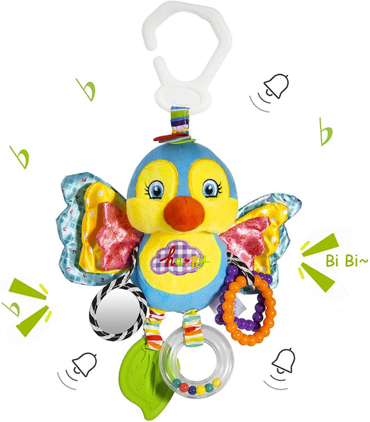 Funsland plush pram toy with hanging rattle, clip-on sensory toy for babies 0-12 months, suitable for car seats, strollers, and cribs.