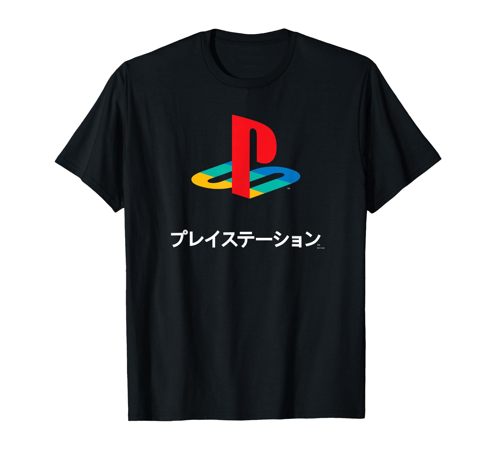 PlayStation T-shirt with full color logo and modern Kanji design, featuring a vibrant PlayStation branding on the front.
