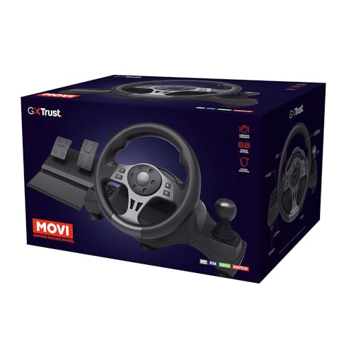 Trust Gaming GXT 289 racing steering wheel with pedals, paddle shifters, gear stick, and vibration feedback for gaming consoles and PC