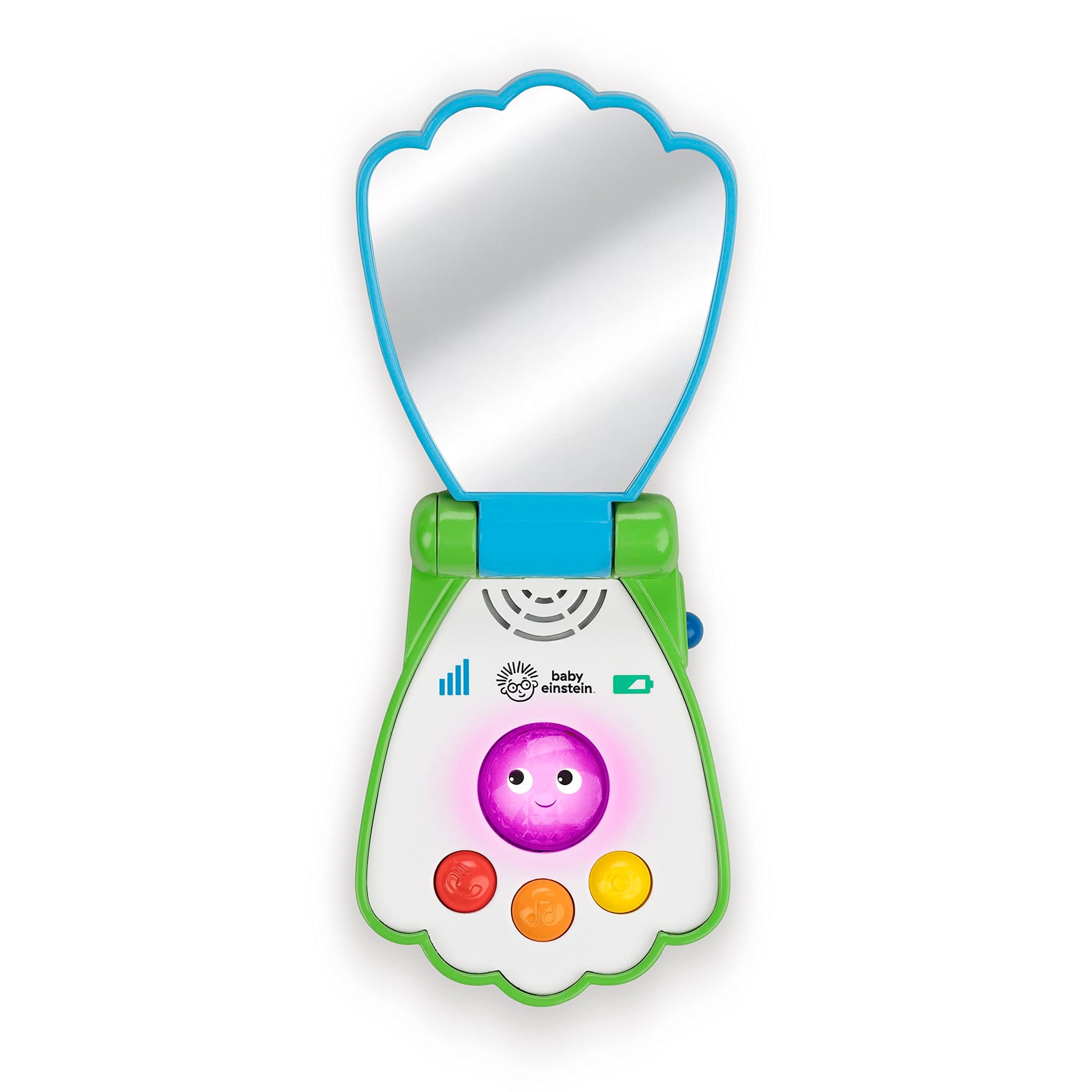 Baby Einstein Ocean Explorers Shell Phone musical toy for babies 6 months and up, featuring colorful shell design and interactive buttons.