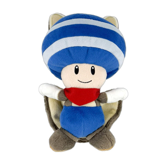 Blue Toad Super Mario plush toy from Nintendo Together+ featuring a flying squirrel design, 21 cm in size, by Together Plus.