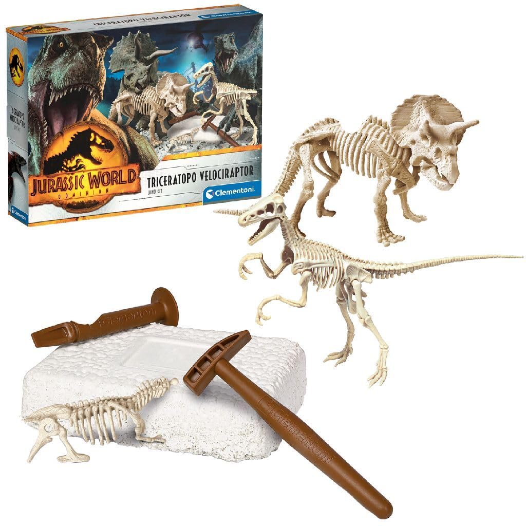 Clementoni - 19289 - Jurassic World - Dino Kit 2 In 1 Triceratop + Velociraptor - Science Kit For Kids 6 Years, Excavation Kit Toy, Realistic Dinosaur, Excavate And Assemble Fossils