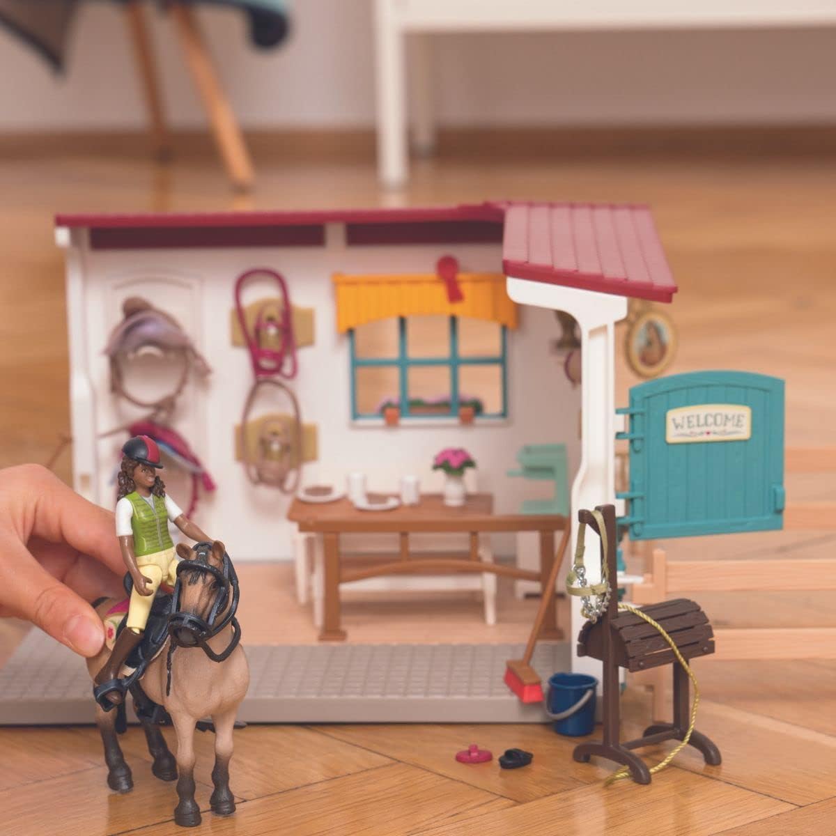 SCHLEICH Horse Club - 85 PC Tack Room Stable Extension Toy Playset with Rider Action Figure, Horse Figurine and Accessories for Girls and Boys - Interactive, Realistic Kids Toys Ages 5+ - 42591