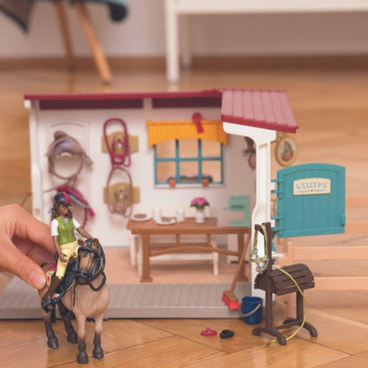 SCHLEICH Horse Club - 85 PC Tack Room Stable Extension Toy Playset with Rider Action Figure, Horse Figurine and Accessories for Girls and Boys - Interactive, Realistic Kids Toys Ages 5+ - 42591