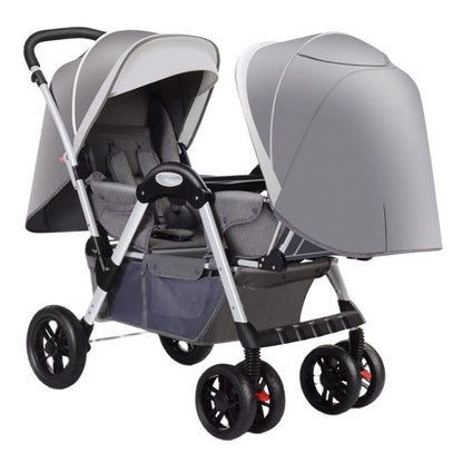 Double Infant Stroller for Twins - Cozy Compact Foldable Baby Pram With Oversized Canopy and Tandem Seating (Gray)