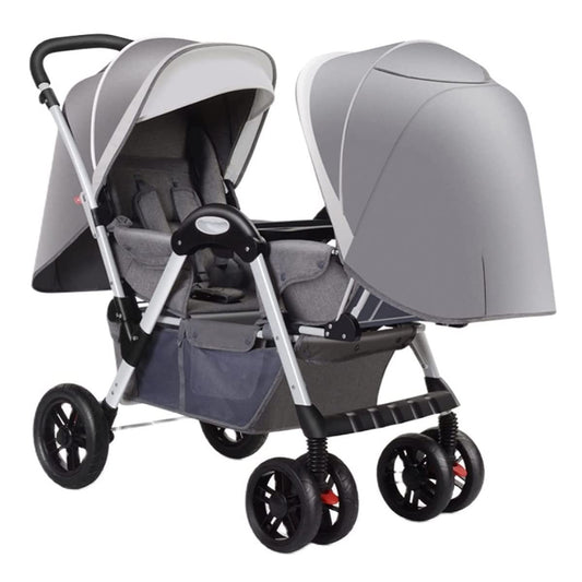 Double Infant Stroller for Twins - Cozy Compact Foldable Baby Pram With Oversized Canopy and Tandem Seating (Gray)