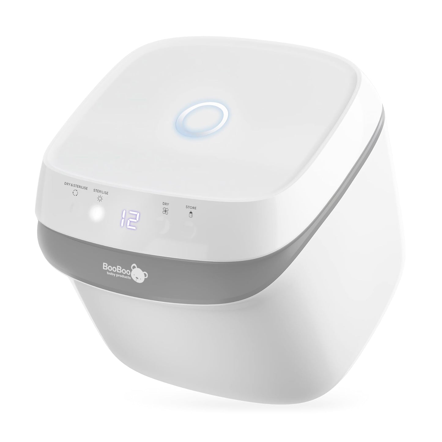 BooBoo Baby Pro UV steriliser for baby bottles, dummies, and toys, with large capacity and quick 11-minute sterilisation cycle.