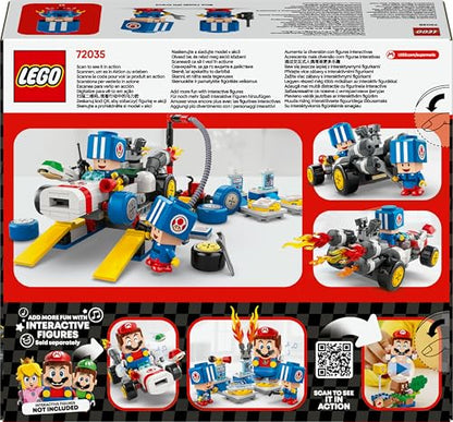 LEGO Super Mario Mario Kart Toad’s Garage set with blue Toad figures, featuring colorful mechanic-themed LEGO play scene.