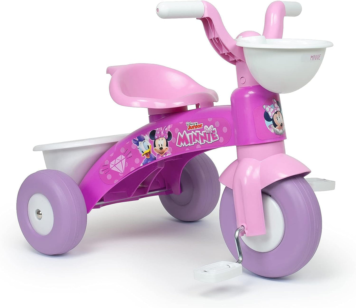 Pink Disney Minnie Mouse kids tricycle for ages 1-3, with front and back storage baskets, designed for toddlers, Kubbinga brand.