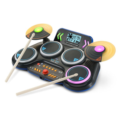 VTech Kidi Star drum pad in black with colorful drum buttons and music controls, designed for kids to create and play music.