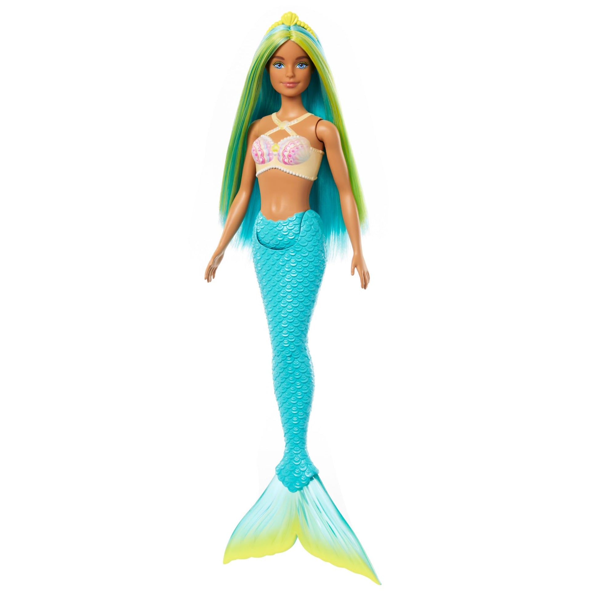 Barbie mermaid doll with two-tone blue and yellow hair, shell bodice, and turquoise tail, wearing a headband accessory.