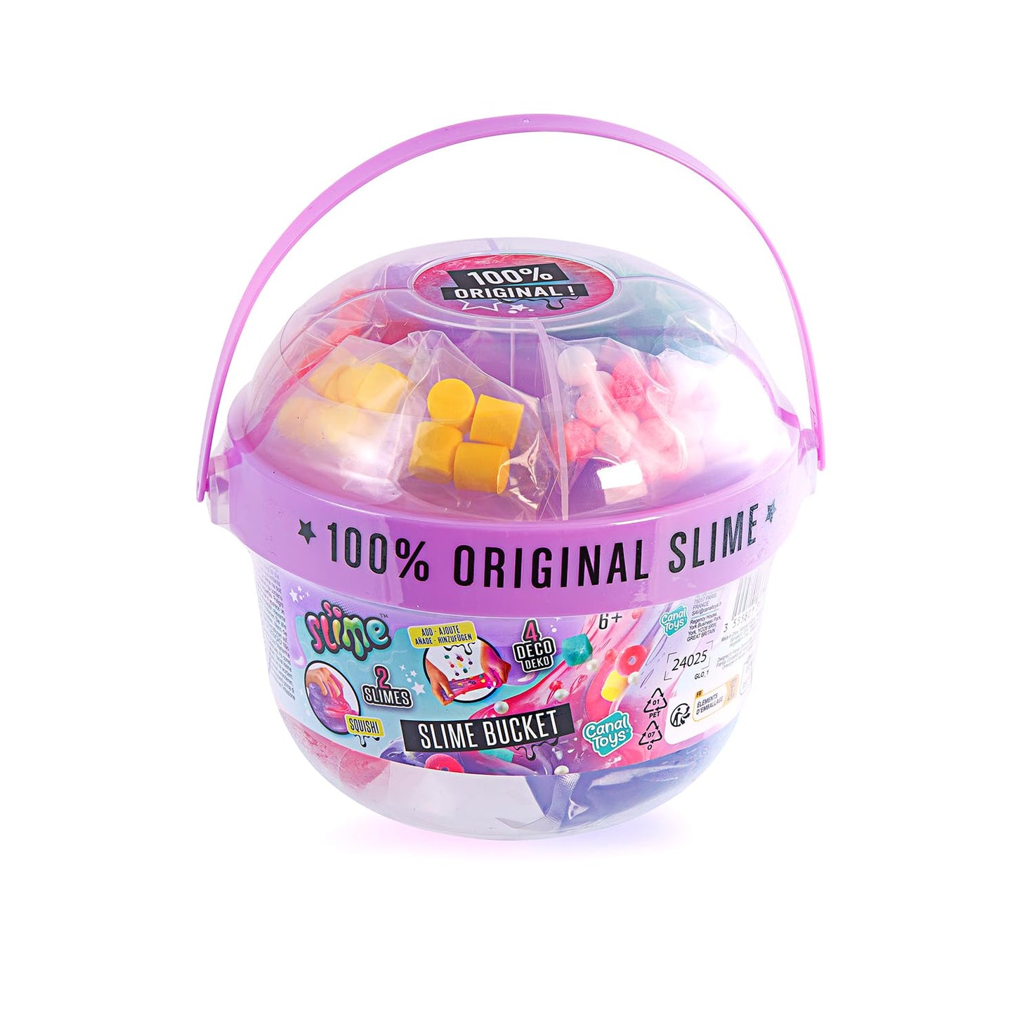 Canal Toys So Slime Mix’in Bucket with two textured slimes, charms, and decorations in a colorful slime bucket for kids ages 6+.
