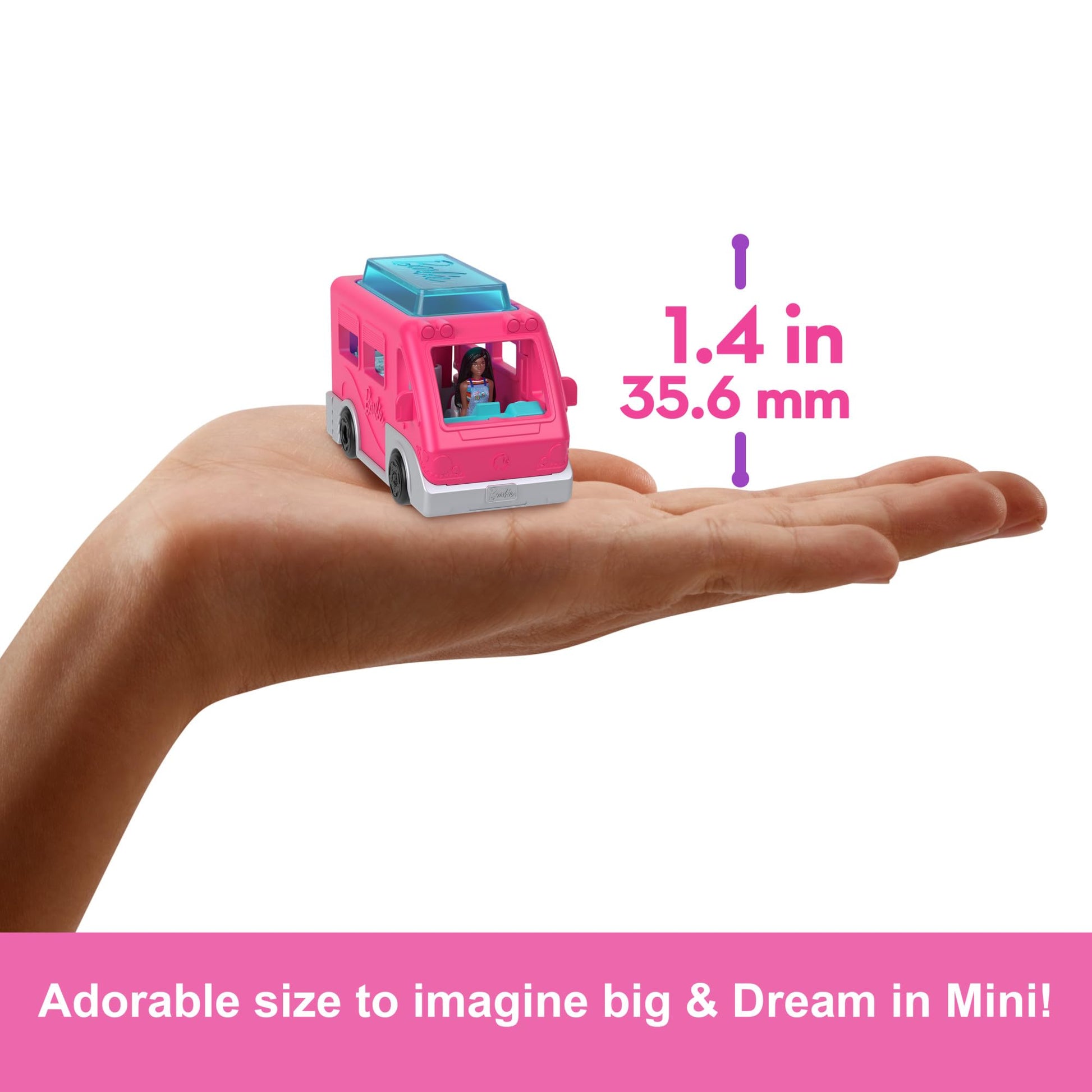 Mini BarbieLand doll and toy vehicle set featuring a 1.5-inch Barbie doll, DreamCamper with working doors and color-change pool.