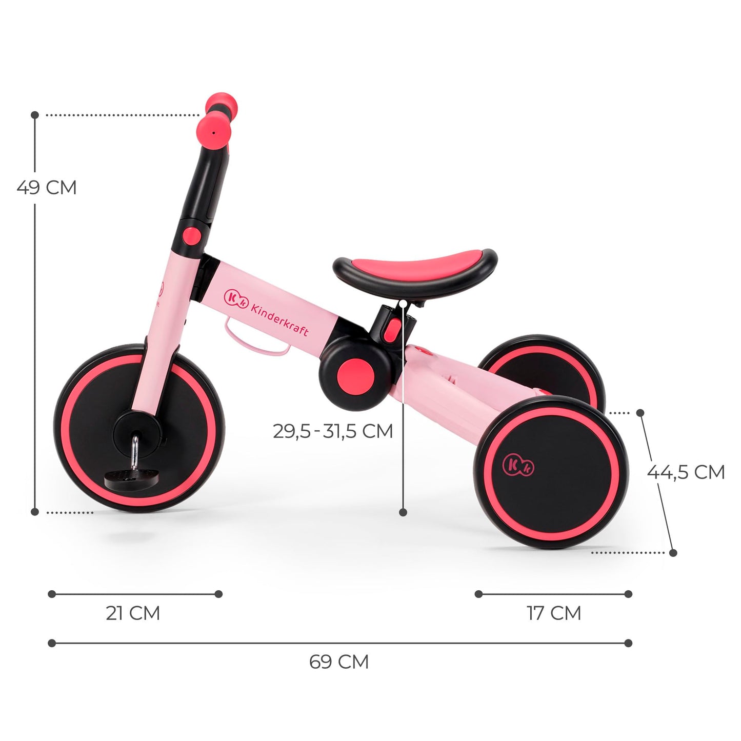 Kinderkraft 4TRIKE, foldable 3-in-1 tricycle, push trike, balance bike, pedal tricycle, lightweight aluminum frame, adjustable seat, EVA wheels, for children 1–5 years, Pink