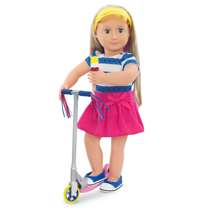 Our Generation 18-inch doll wearing Cute to Scoot Deluxe Scooter Outfit with scooter and accessories for pretend play.