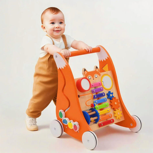 Forroby 2 in 1 wooden baby walker with activity center and Montessori game panel, featuring anti-slip wheels for toddlers 9 months+