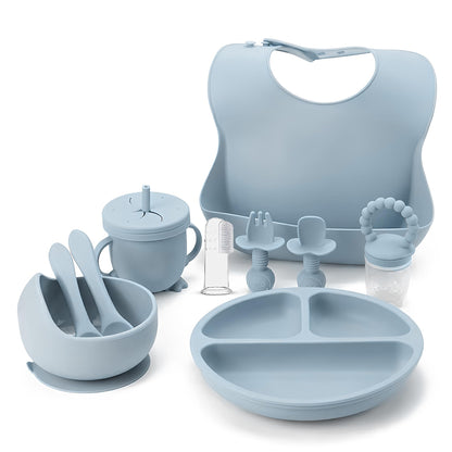 Indique Baby Weaning Set - 11 Pcs Silicone Baby Feeding Set with Suction Plate, Weaning Kit with Adjustable Bib, Fork, Spoon, Fruit Feeder & Toothbrush – Ideal Weaning Set Gift (Blue)