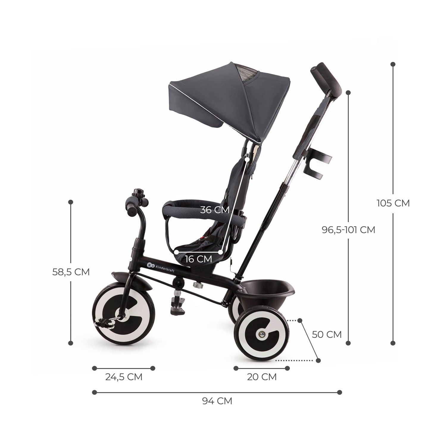 Kinderkraft Aston tricycle in gray with parent handle, footrest, and accessories for kids aged 9 months to 5 years.