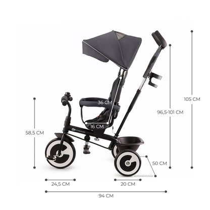 Kinderkraft Aston tricycle in gray with parent handle, footrest, and accessories for kids aged 9 months to 5 years.