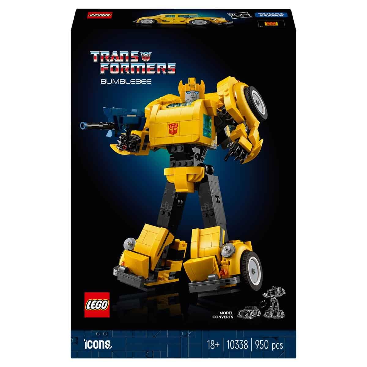 LEGO Icons Bumblebee action figure building set, showcasing robot and vehicle modes in detailed collectible design.