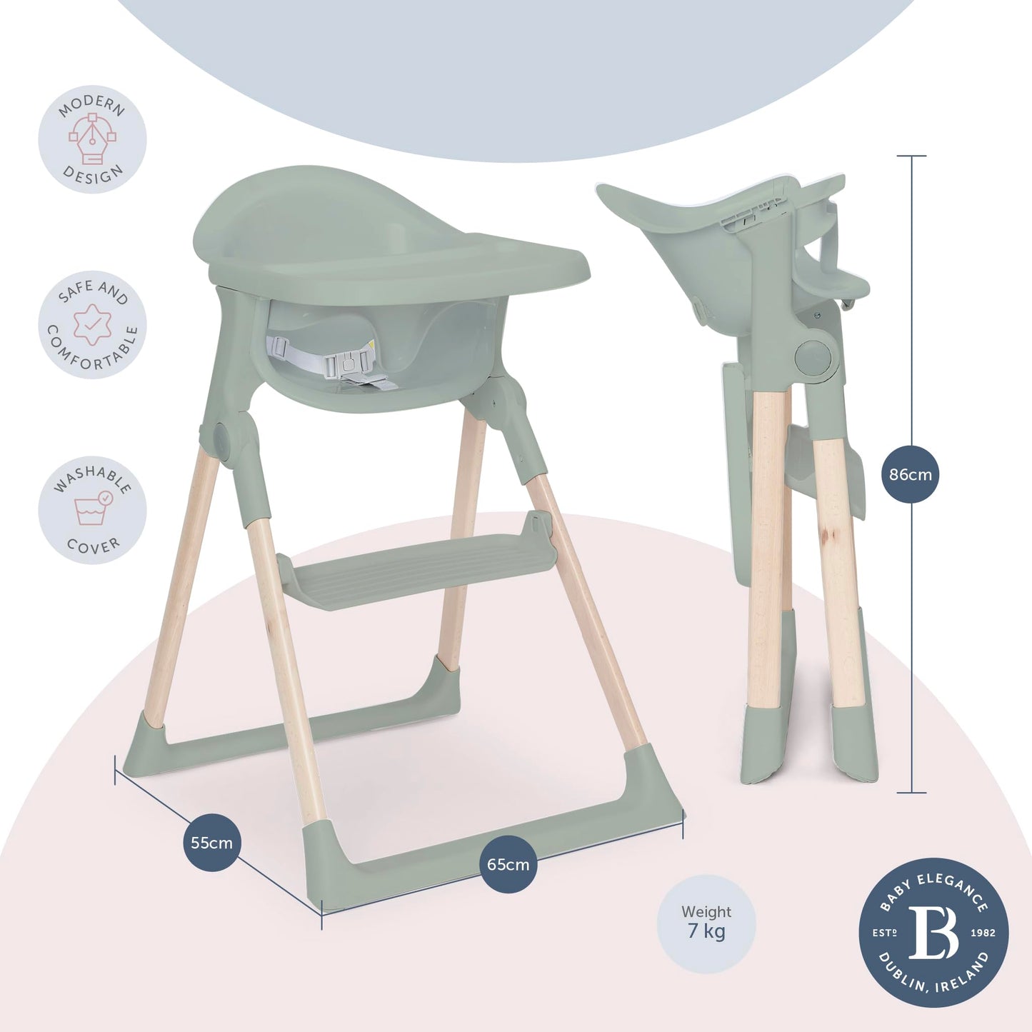 Mash High Chair Bundle by Baby Elegance | Includes Newborn Seat (0-6 Months), Toddler Seat (6+ Months) & Sage Cushion | Adjustable Sage High Chair for Babies & Toddlers
