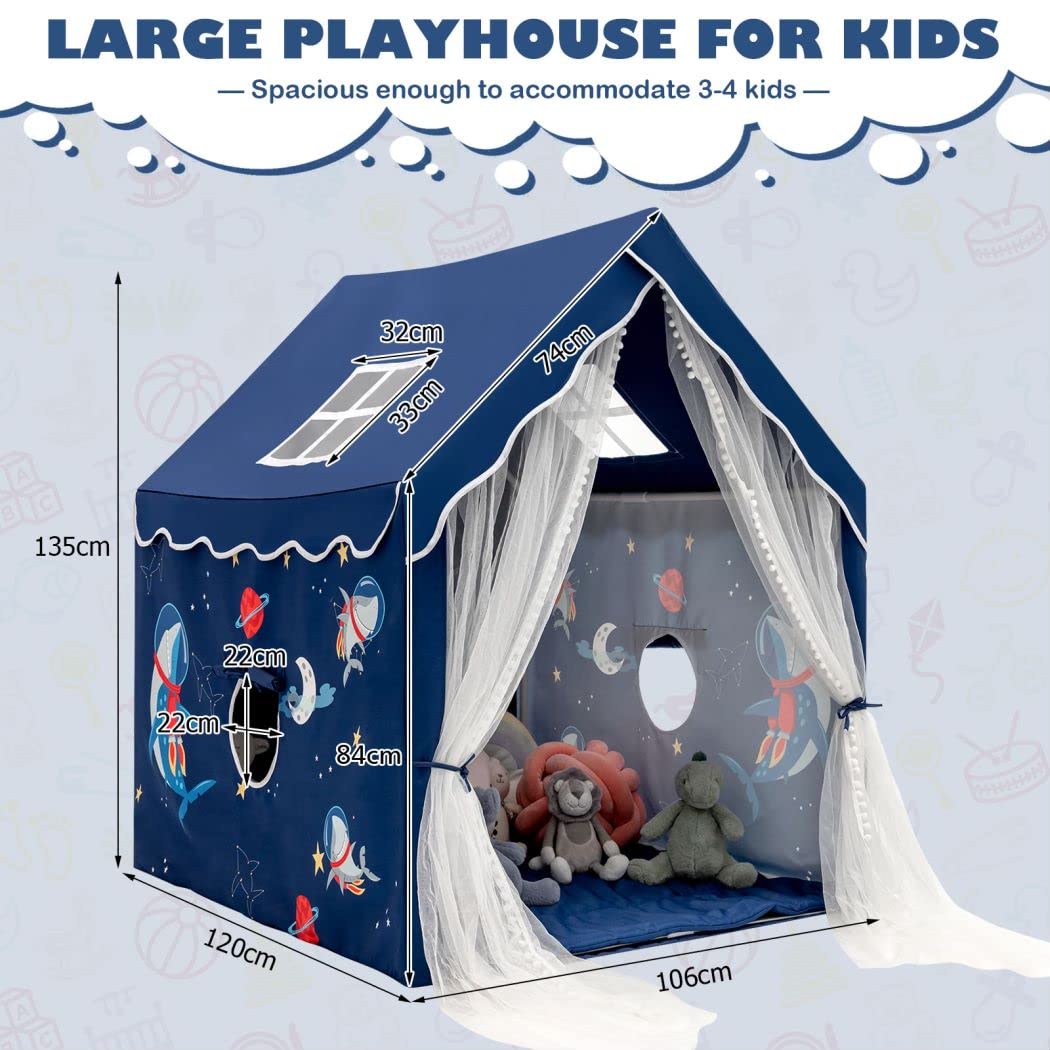 Blue COSTWAY kids play tent with windows and washable mat, indoor outdoor castle playhouse for boys and girls.
