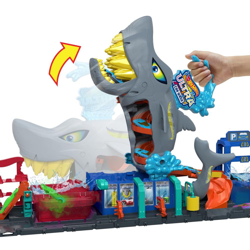 Hot Wheels Let's Race City Toy Car Track Set featuring Ultra Shark Car Wash and color-change 1:64 scale toy car.