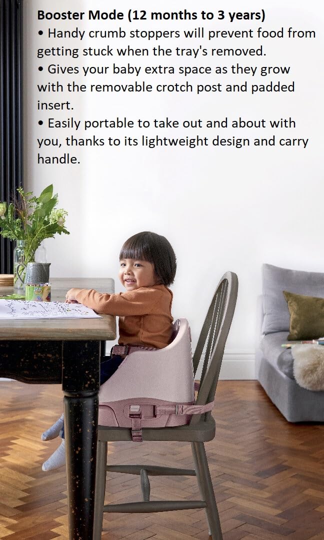 Mamas & Papas Baby Bug Booster Seat for Dining, Detachable Tray, Harness, Adjustable Seat and Non-Slip Feet, Blossom (Pink)