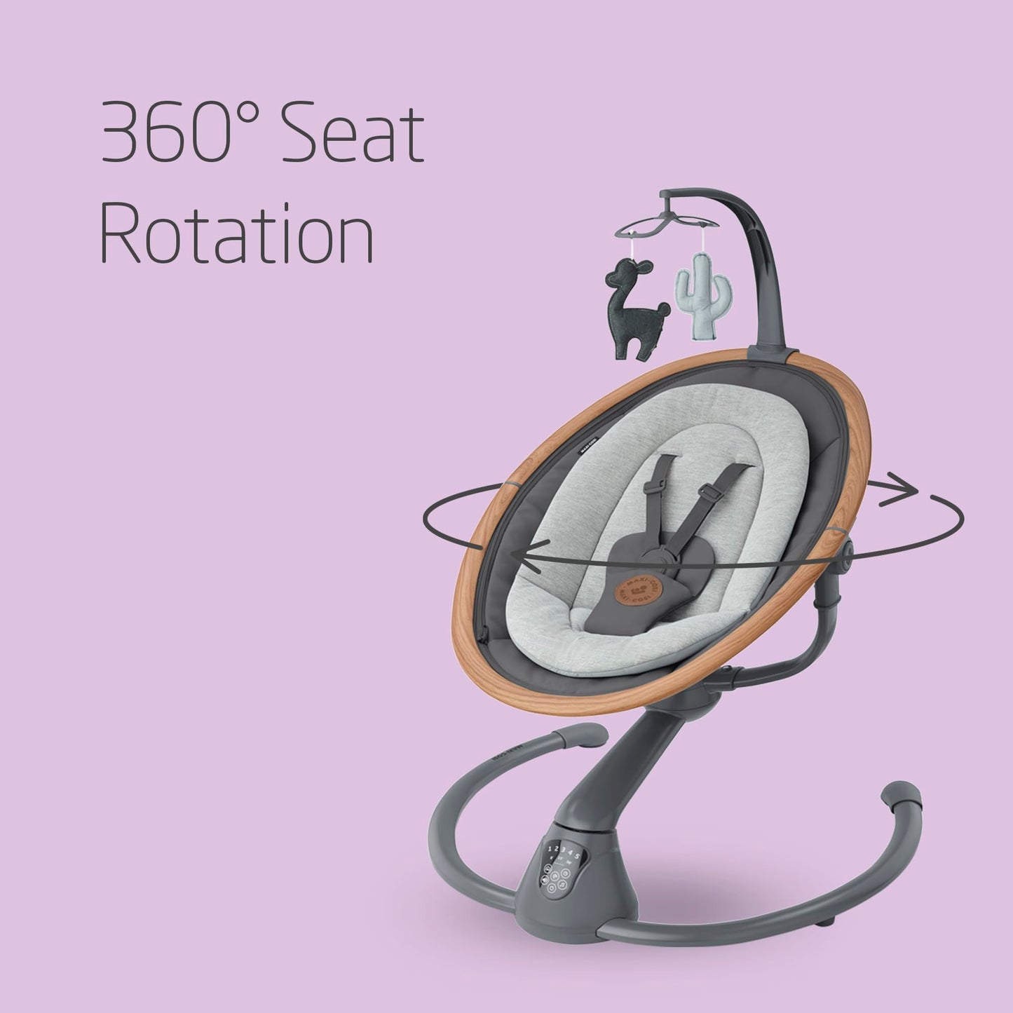Maxi-Cosi Cassia electric baby swing chair with 360° seat rotation, 12 melodies, and adjustable recline for infants 0-6 months.