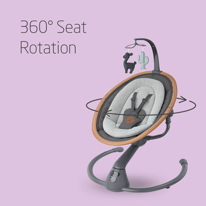 Maxi-Cosi Cassia electric baby swing chair with 360° seat rotation, 12 melodies, and adjustable recline for infants 0-6 months.