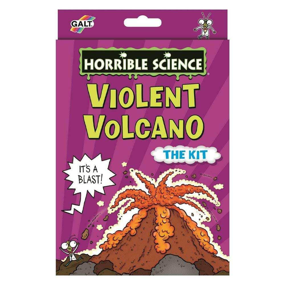 Galt Violent Volcano science kit for kids showing a colorful erupting volcano model with children conducting experiments.