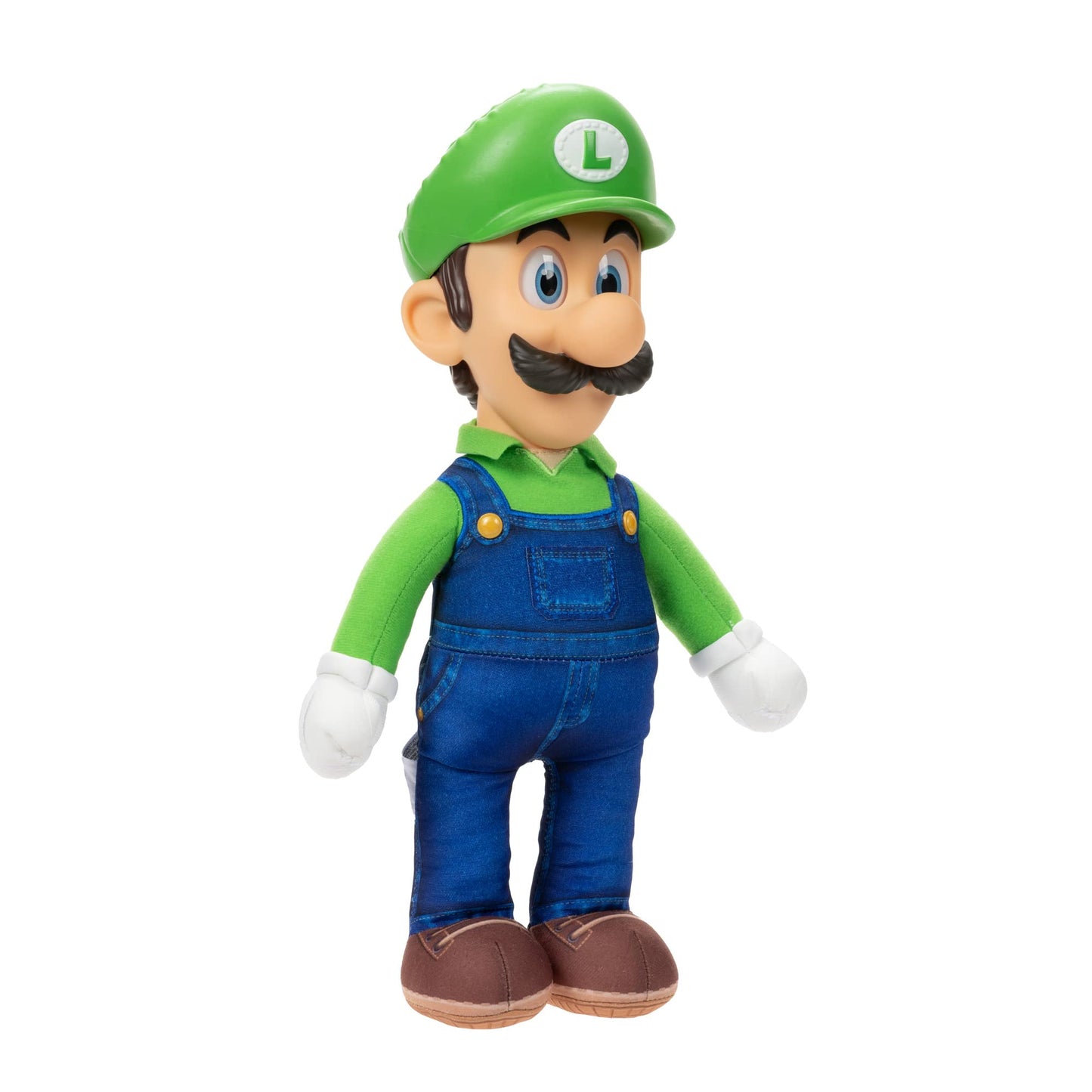 Nintendo Super Mario Bros. Luigi plush toy, fully articulated, 14-inch tall with realistic eyes and detailed 3D costume for kids and collectors.