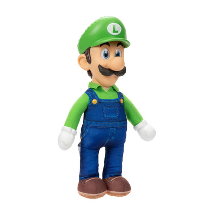 Nintendo Super Mario Bros. Luigi plush toy, fully articulated, 14-inch tall with realistic eyes and detailed 3D costume for kids and collectors.
