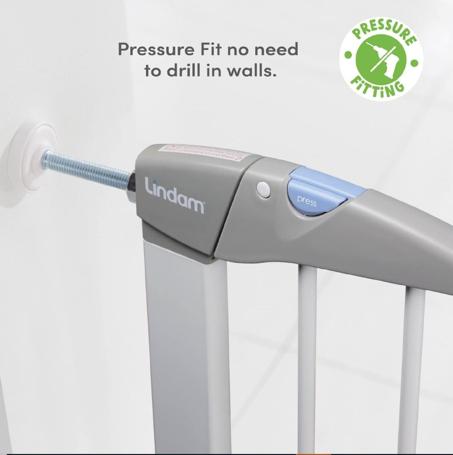 White Munchkin Lindam Sure Shut Axis pressure-mounted stair and baby gate, easy to install for stairs and doorways, fits 76-82cm