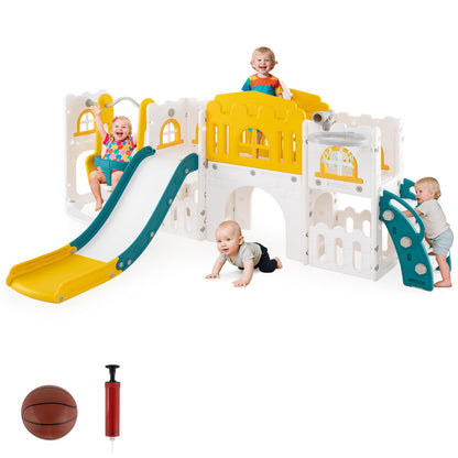 COSTWAY Toddler Swing and Slide Set, 10 in 1 Kids Slide with Climber Ladder, Basketball Hoop, Telescope, Tunnel, Storage Space, Indoor Outdoor Playground for 1+ Years Old (Green + Yellow)
